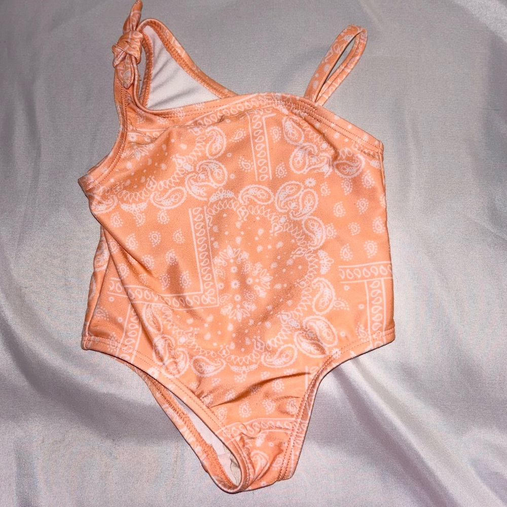 Peach Paisley One Piece Asymmetrical Shoulders Bathing Suit Infant 12 M